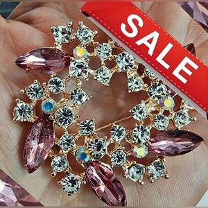 #Vintage #Rose Pink Marquis + Clear Rhinestone Round Floral #Brooch Pin
